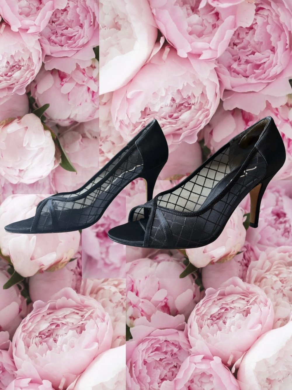Nina Black Peep Toe Heels with Mesh Detail